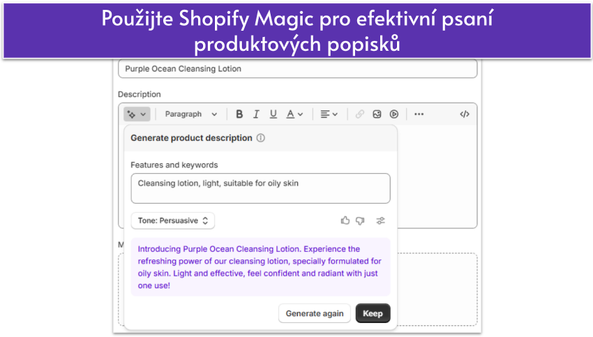 Shopify Magic UI showing AI-generated product description
