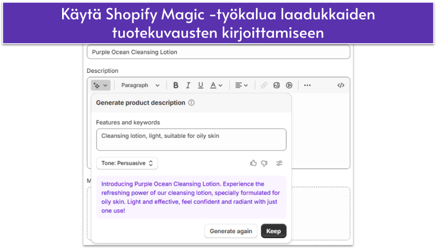 Shopify Magic UI showing AI-generated product description