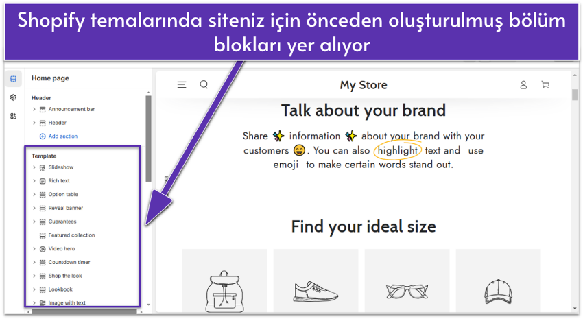 Shopify editor showing site's About page with template blocks highlighted