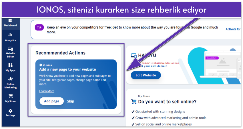IONOS dashboard showing a guide to setting up your website