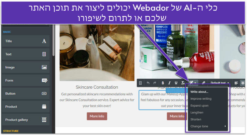 Webador editing interface showing AI writing tools