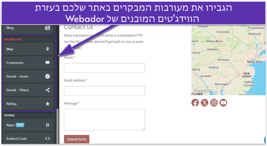Webador editor showing a contact page with interactive widgets highlighted