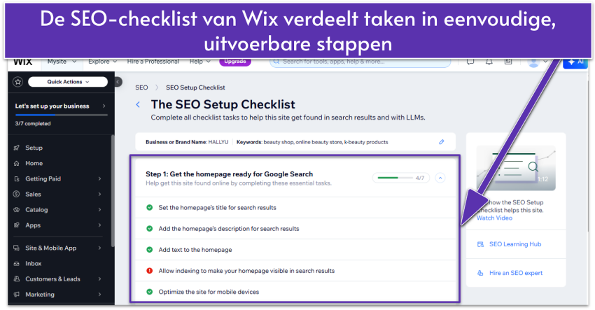 Wix dashboard showing SEO Setup Checklist with checklist tasks for homepage optimization