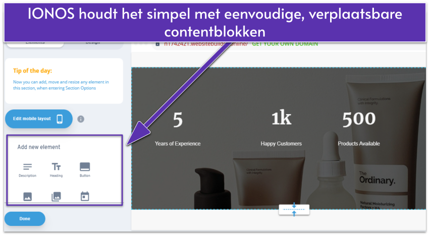IONOS design editor showing section elements