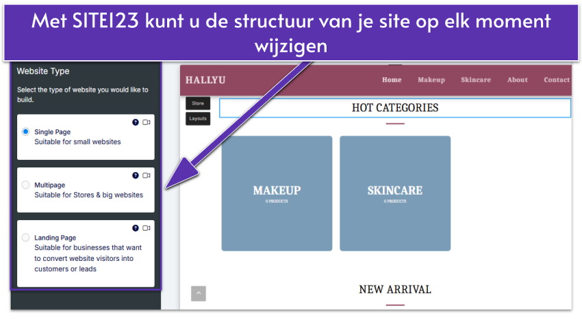 SITE123 editor showing website type settings