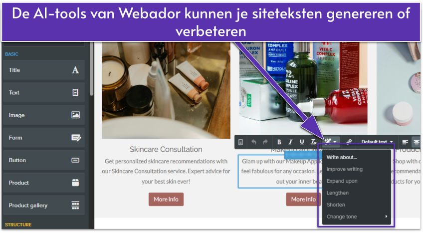 Webador editing interface showing AI writing tools