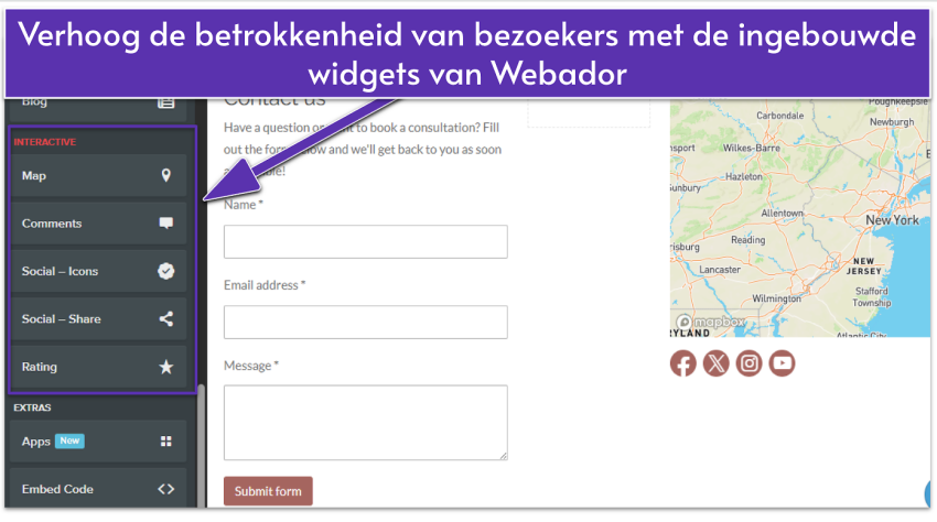 Webador editor showing a contact page with interactive widgets highlighted