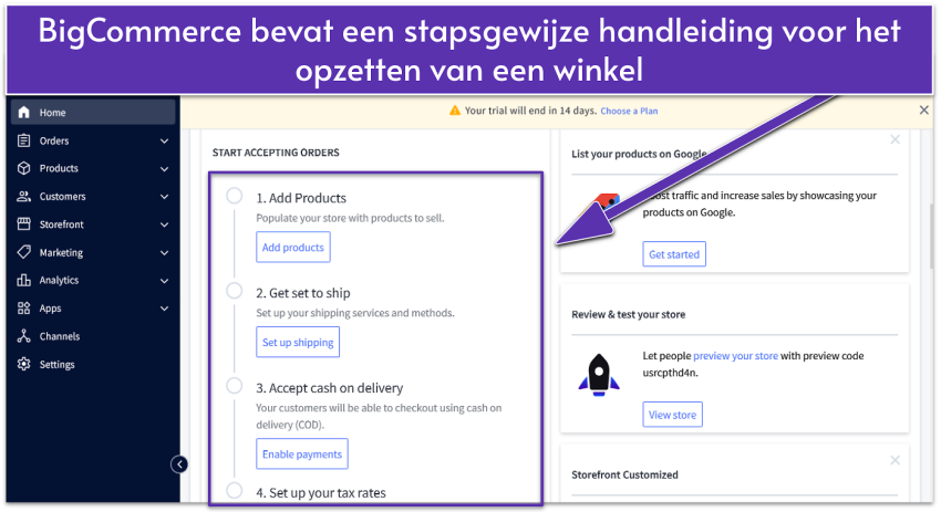 BigCommerce dashboard showing a setup checklist