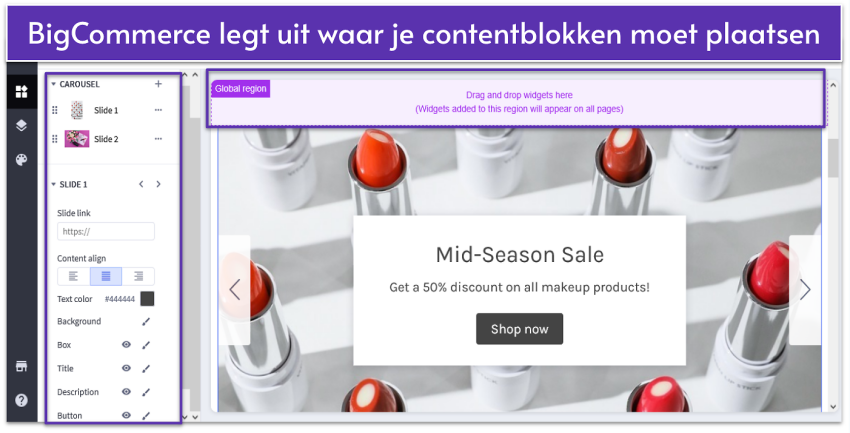 BigCommerce page builder showing homepage and site elements