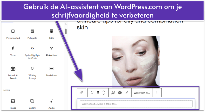 WordPress.com blog post UI showing content blocks with AI Assistant block selected