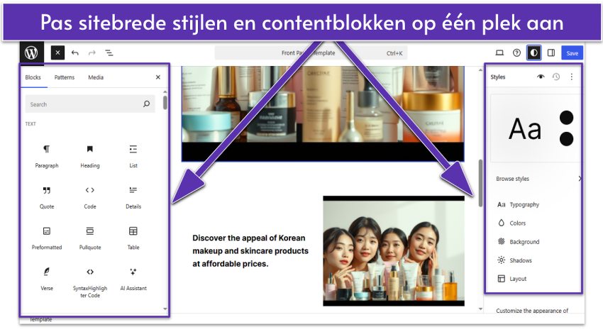 WordPress.com Site Editor with content blocks and Style settings opened