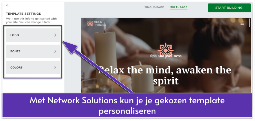 Network Solutions' UI showing a template's customization settings