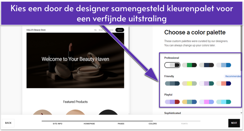 Squarespace Blueprint AI UI showing site color palettes