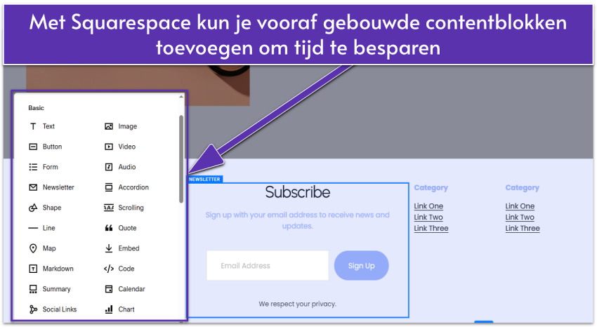 Squarespace editor showing a selection of basic content blocks