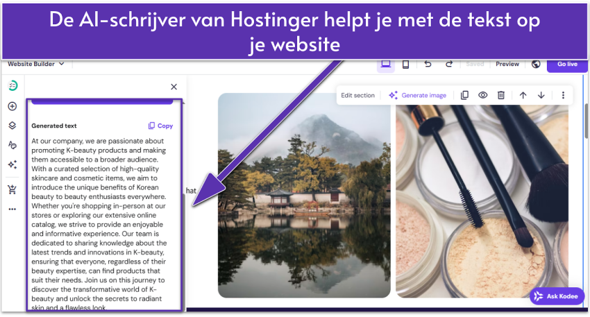 Hostinger AI builder UI showing website's About page with text highlighted