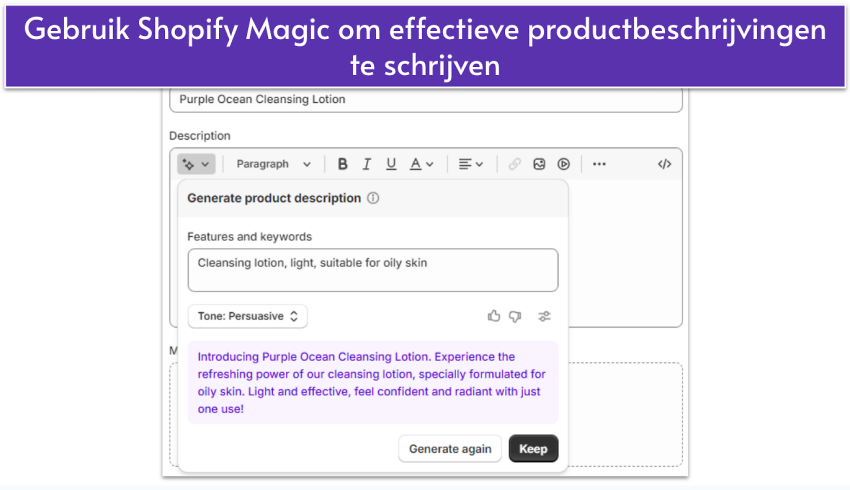 Shopify Magic UI showing AI-generated product description