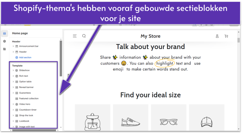 Shopify editor showing site's About page with template blocks highlighted