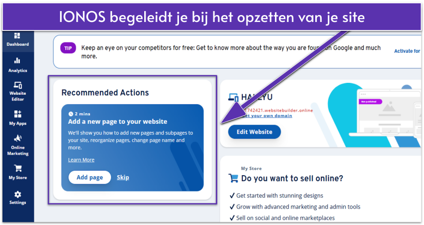 IONOS dashboard showing a guide to setting up your website