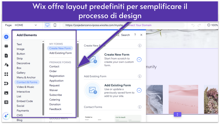 Wix editor showing a selection of site elements, focusing on contact form options
