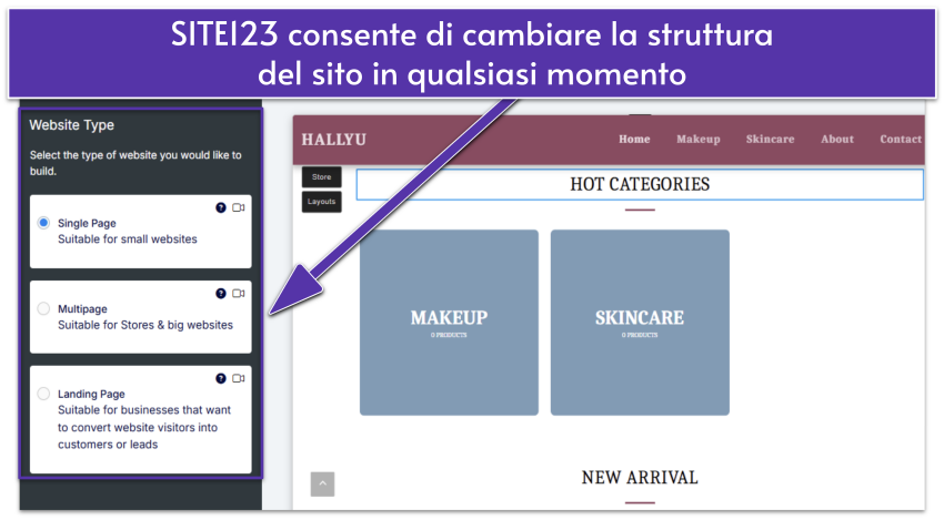 Editor SITE123 che mostra le impostazioni del tipo di sito web