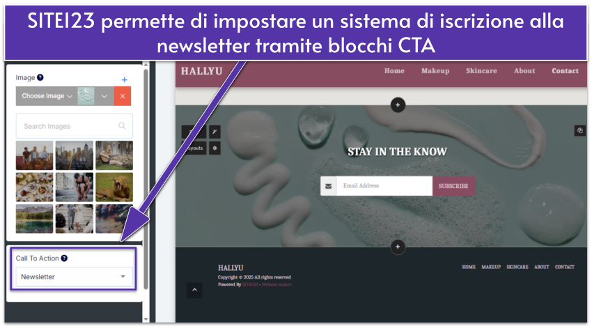 SITE123 editor showing a Promo layout with a newsletter button selected