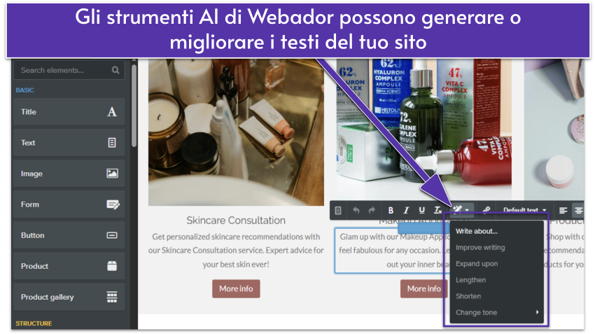 Interfaccia di modifica di Webador che mostra strumenti di scrittura AI