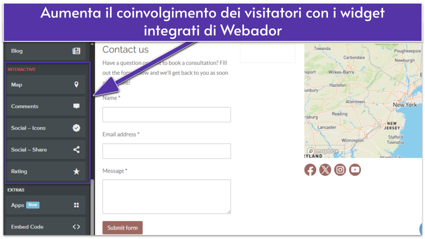 Editor Webador che mostra una pagina di contatto con widget interattivi evidenziati