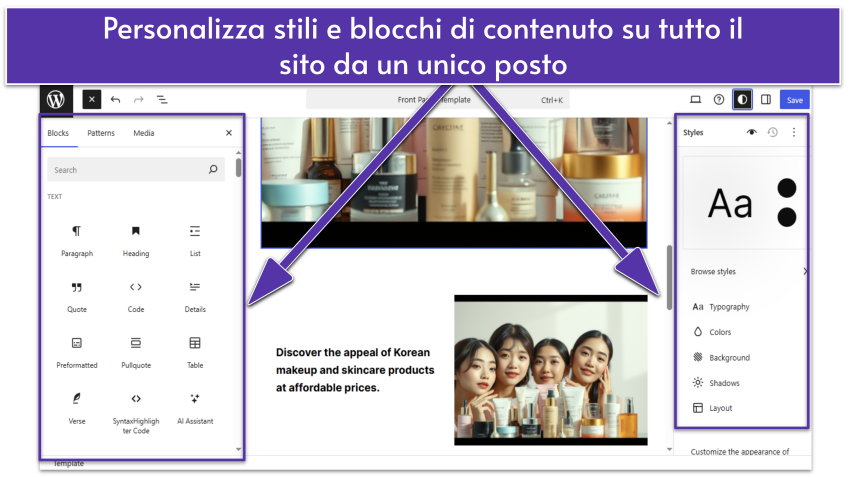 WordPress.com Site Editor with content blocks and Style settings opened