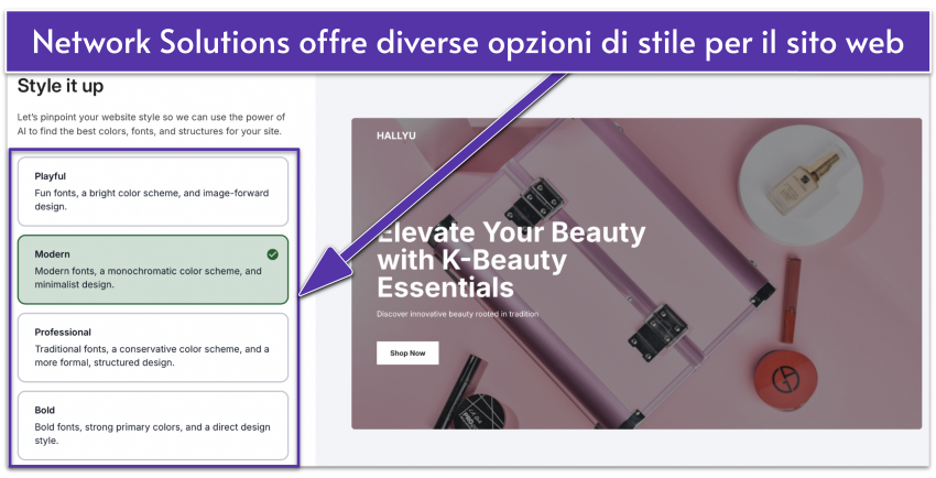 UI di Network Solutions che mostra diversi tipi di stili di siti web