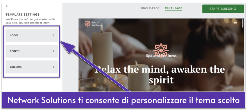 UI di Network Solutions che mostra le impostazioni di personalizzazione di un template