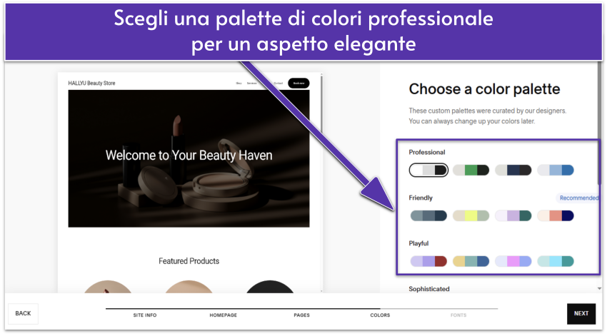 Squarespace Blueprint AI UI showing site color palettes