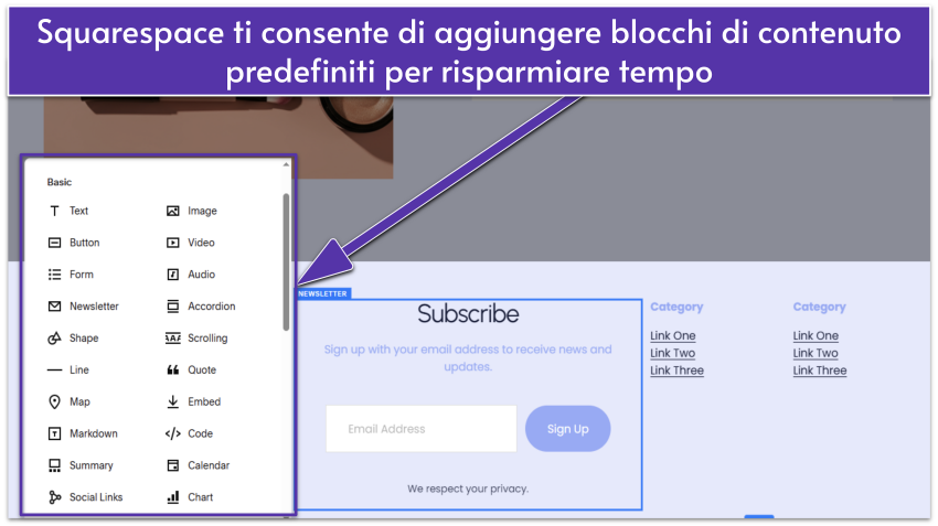 Squarespace editor showing a selection of basic content blocks