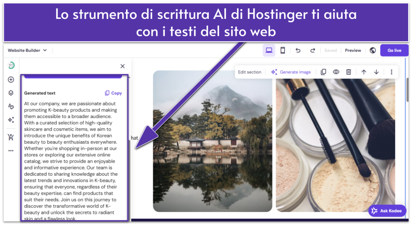 Hostinger AI builder UI showing website's About page with text highlighted