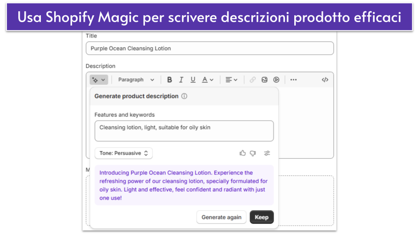 Interfaccia Shopify Magic che mostra la descrizione del prodotto generata dall’IA