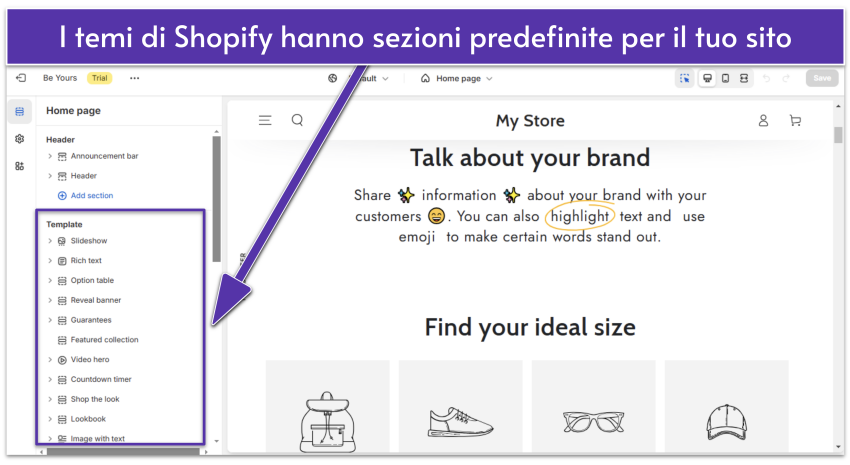 Editor Shopify che mostra la pagina Chi siamo del sito con blocchi di template evidenziati