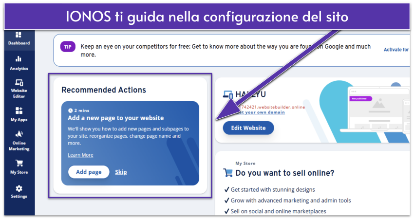 IONOS dashboard showing a guide to setting up your website