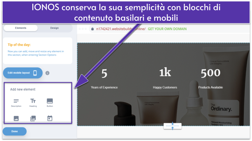 IONOS design editor showing section elements