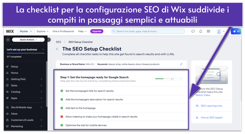 Wix dashboard showing SEO Setup Checklist with checklist tasks for homepage optimization
