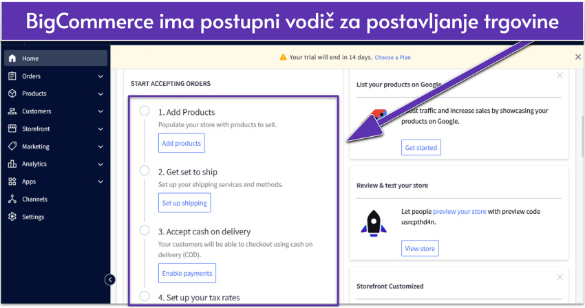 BigCommerce dashboard showing a setup checklist