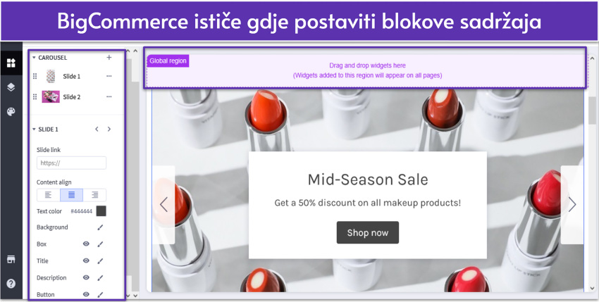 BigCommerce page builder showing homepage and site elements