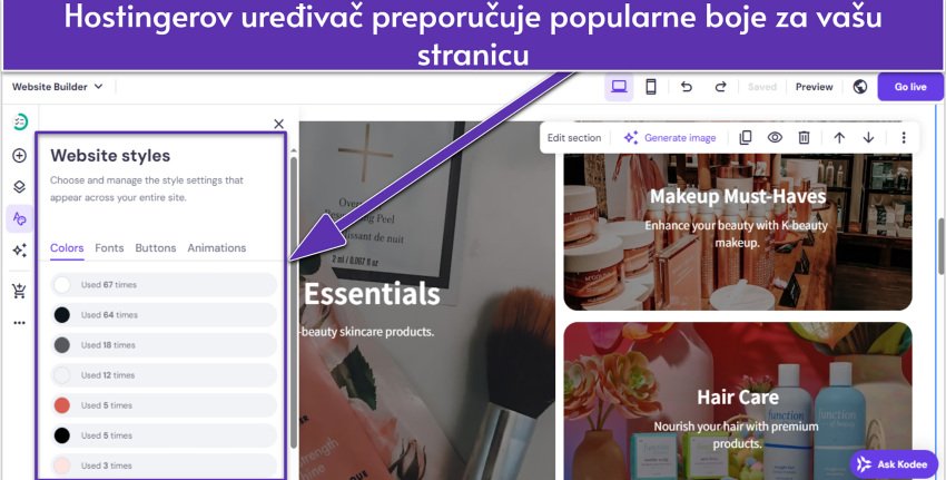 Hostinger AI builder UI showing the most used site colors