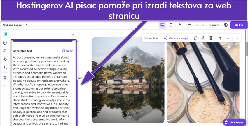 Hostinger AI builder UI showing website's About page with text highlighted