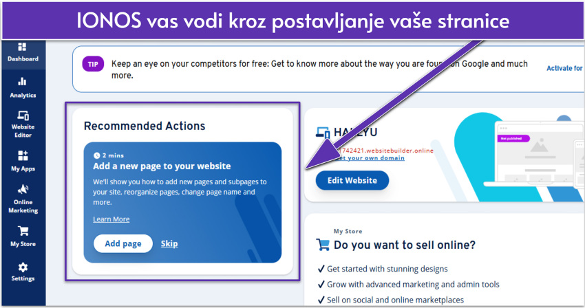 IONOS dashboard showing a guide to setting up your website