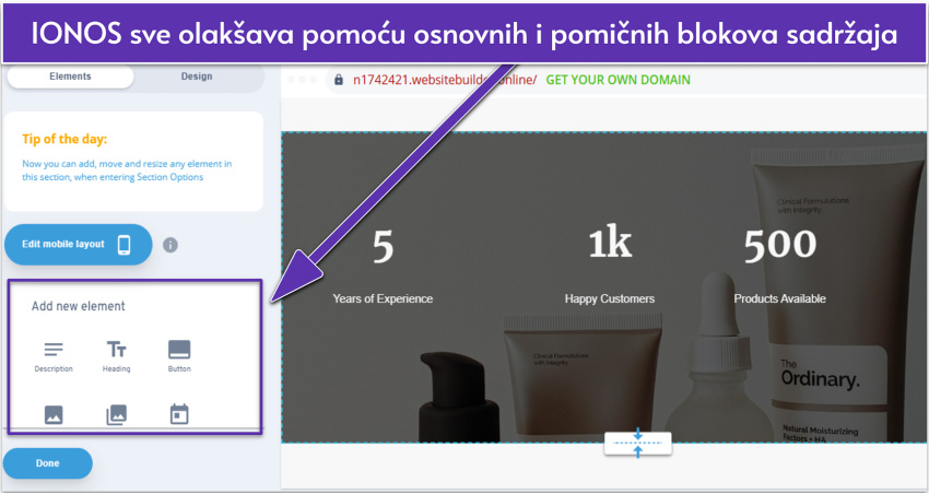 IONOS design editor showing section elements