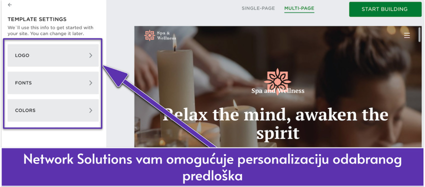 Network Solutions' UI showing a template's customization settings