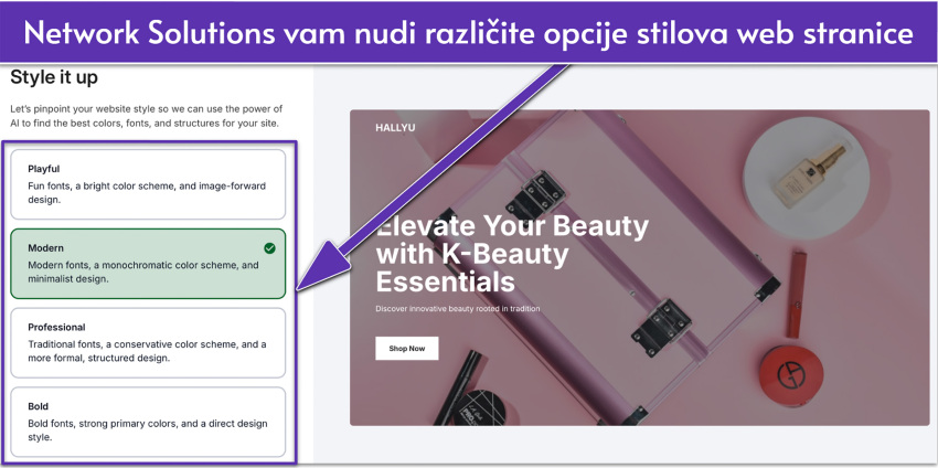 Network Solutions' UI showing different types of website styles