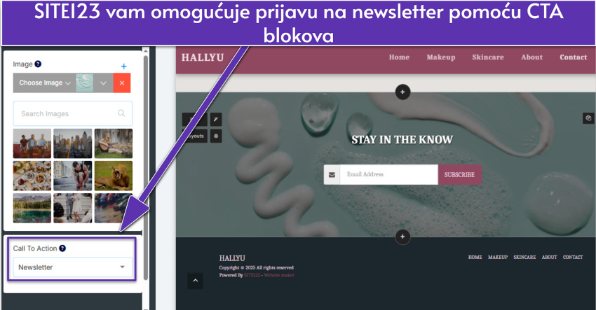 SITE123 editor showing a Promo layout with a newsletter button selected