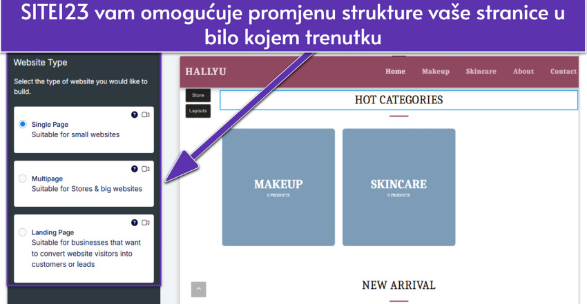 SITE123 editor showing website type settings