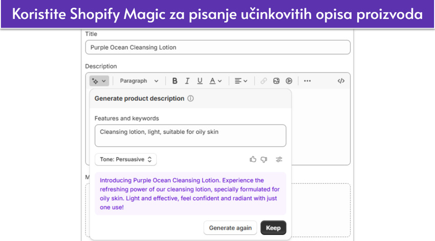 Shopify Magic UI showing AI-generated product description