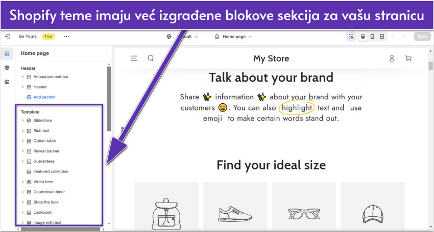 Shopify editor showing site's About page with template blocks highlighted